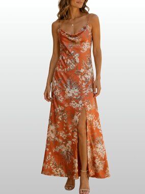 Paper Heart Floral Satin Bias Cut Cowl Neck Maxi Dress M Front Slit Resort Boho